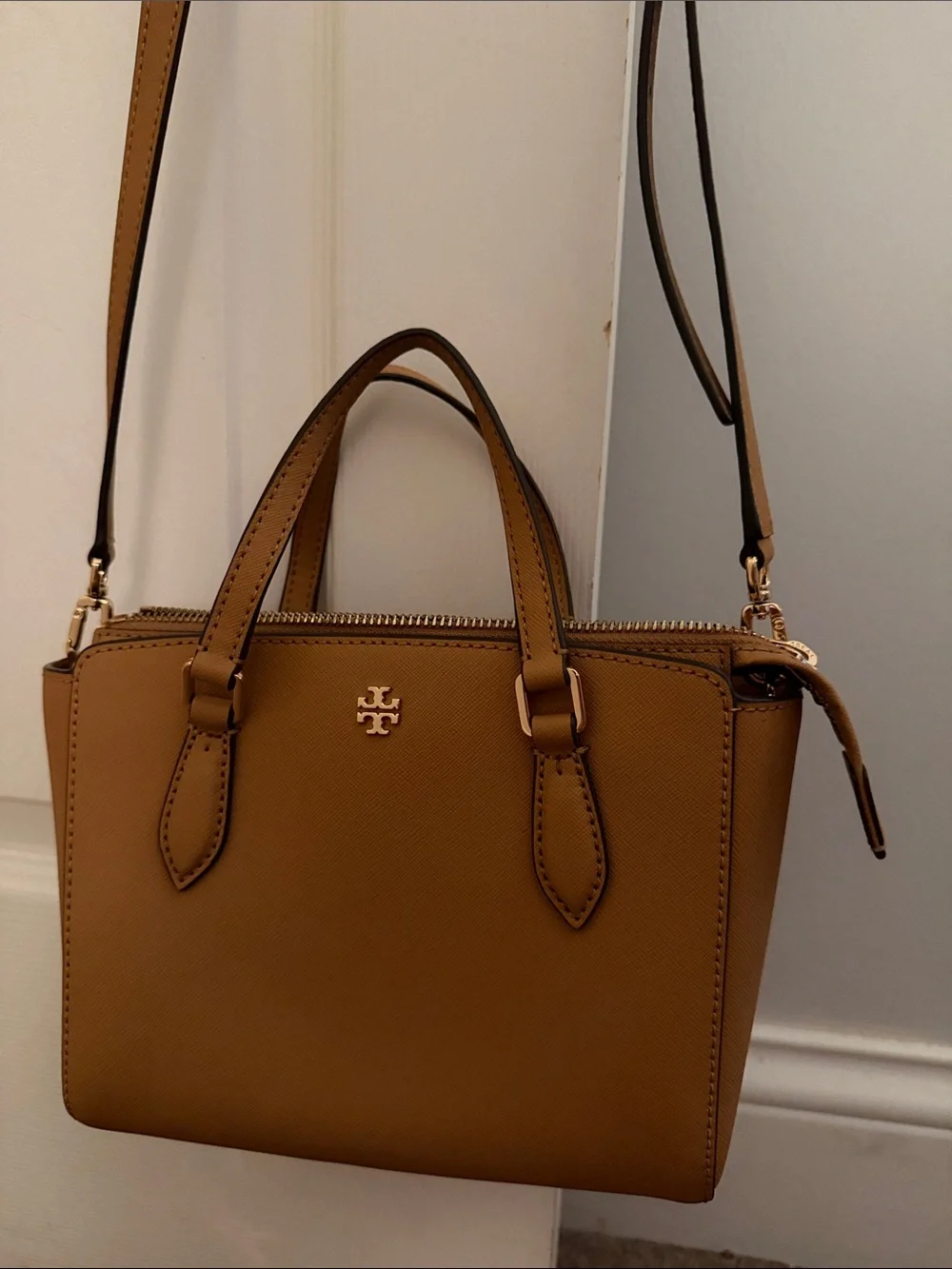 Tory Burch Mustard Pebbled Leather Mini Satchel with Gold Logo